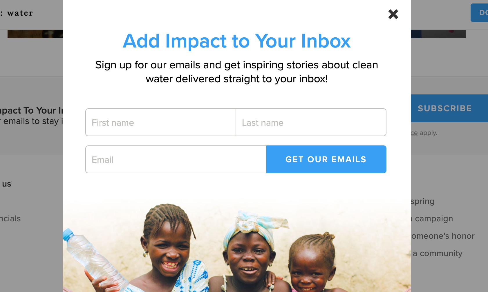 Charity Water newsletter signup