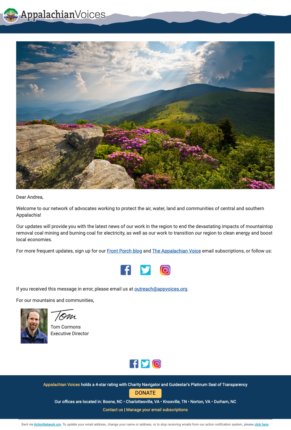 Appalachian Voices personalized nonprofit newsletter
