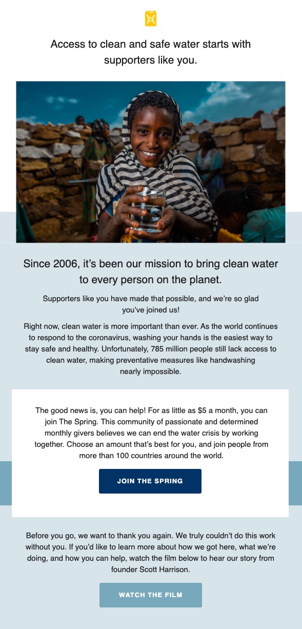 Charity water nonprofit newsletter welcome email