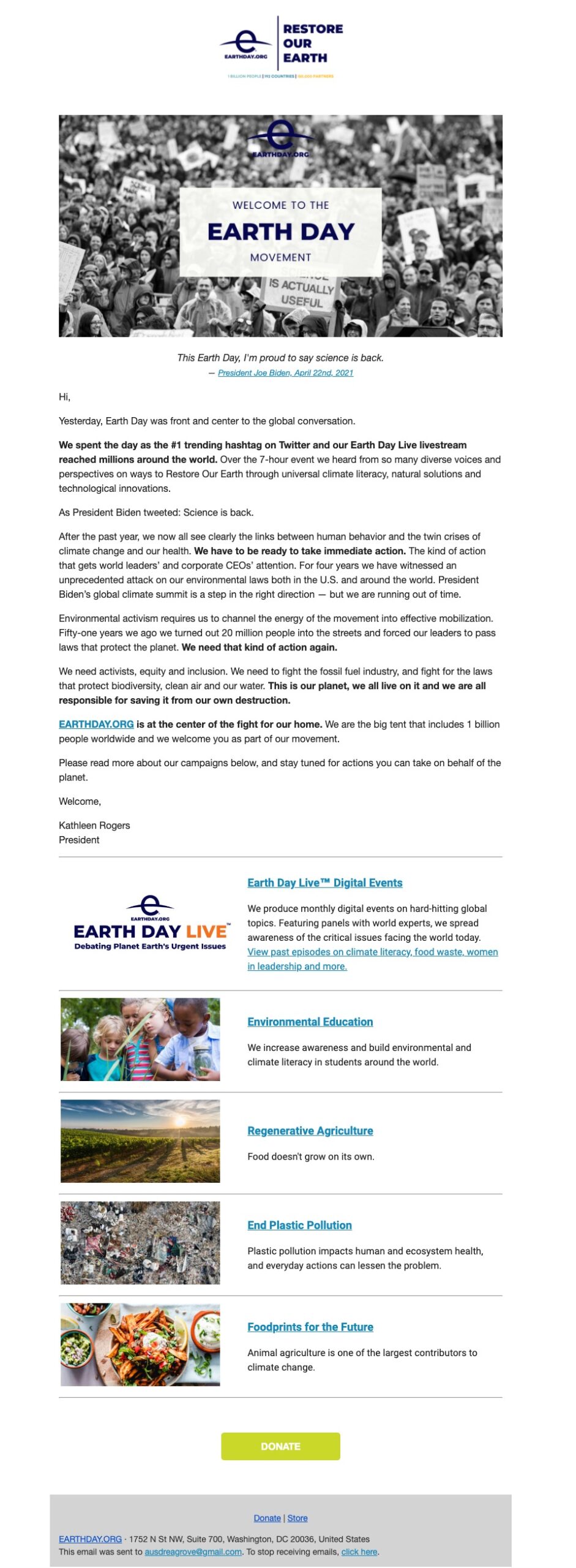 Earth Day nonprofit newsletter welcome email