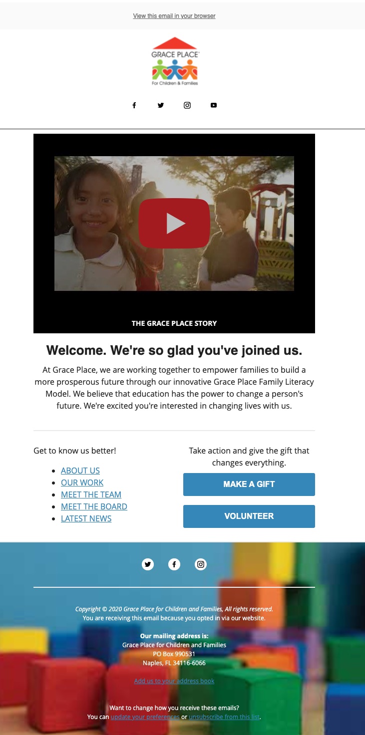Grace Place nonprofit newsletter welcome email