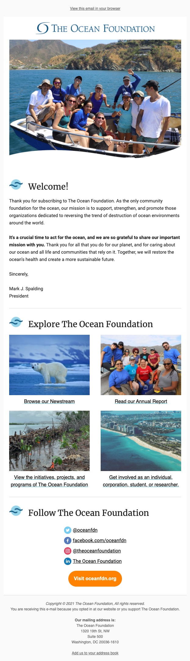 The Ocean Foundation nonprofit newsletter welcome