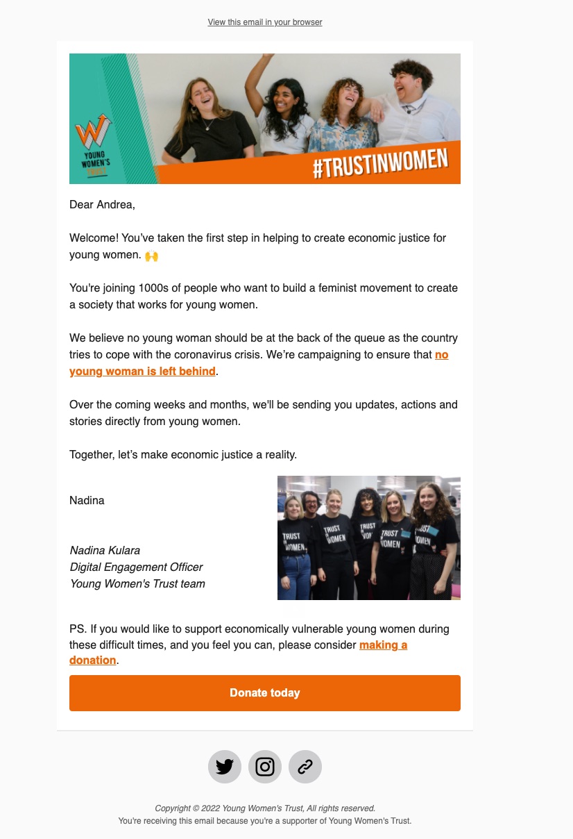 Young Women's Trust nonprofit newsletter welcome