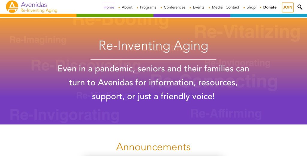 screenshot of Avenidas nonprofit website