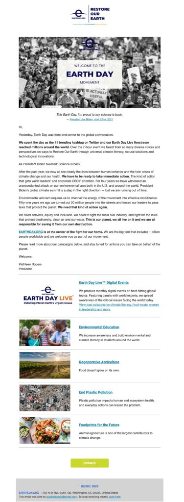 Earth Day nonprofit newsletter welcome email