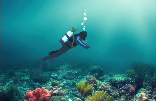 pixel diver next to a bed of coral