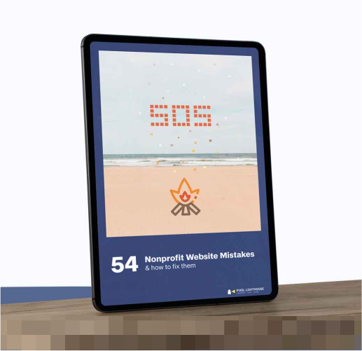 Tablet displaying a guide titled 54 Nonprofit Website Mistakes & how to fix them with a beach SOS cover.